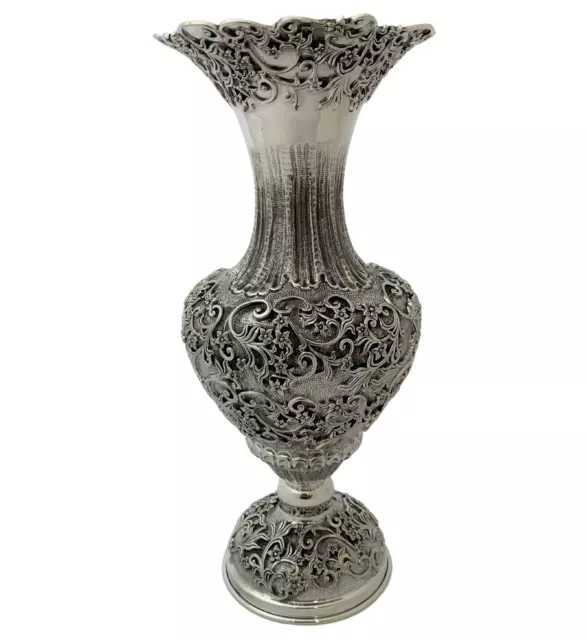 Fine 925 Sterling Silver Handmade Floral Leaf Ornate Matte & Shiny Flower Vase