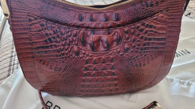 BRAHMIN "Daphne," Pecan Melbourne CROC Embossed Leather Shoulder Handbag, EUC