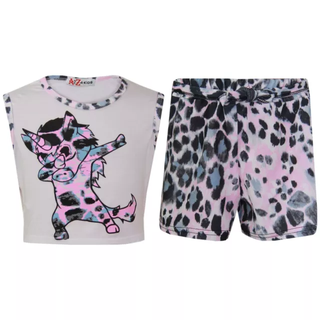 Kids Girls Crop & Shorts Dabbing Unicorn Fashion Top Summer Outfit Set 7-13 Year