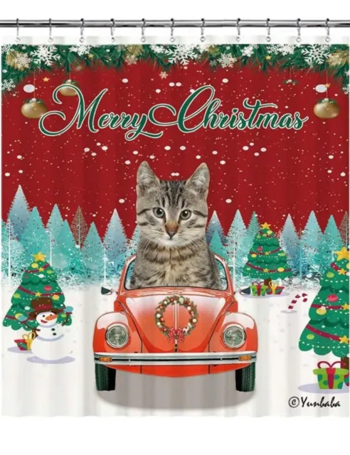 Merry Christmas Cat And VW Bug Shower Curtain