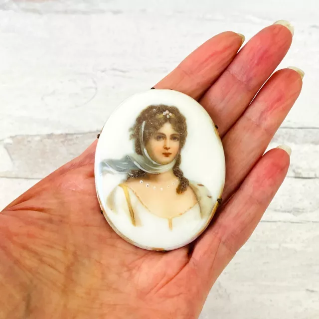 Antique Victorian Lge Portrait Brooch Pin Porcelain Transfer 2.25in Tall Gold Pl 2