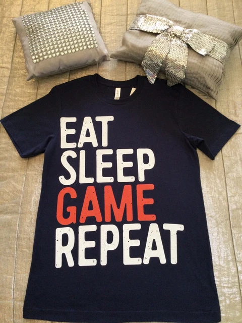 BELLA CANVAS Gamers T Shirt M Navy Top Switch XBox PS Wii EAT SLEEP GAME REPEAT 2