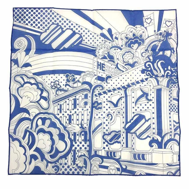 Hermes Scarf Carre 42 Faubourg Rainbow 2019SS Bandana 100% Cotton blue white