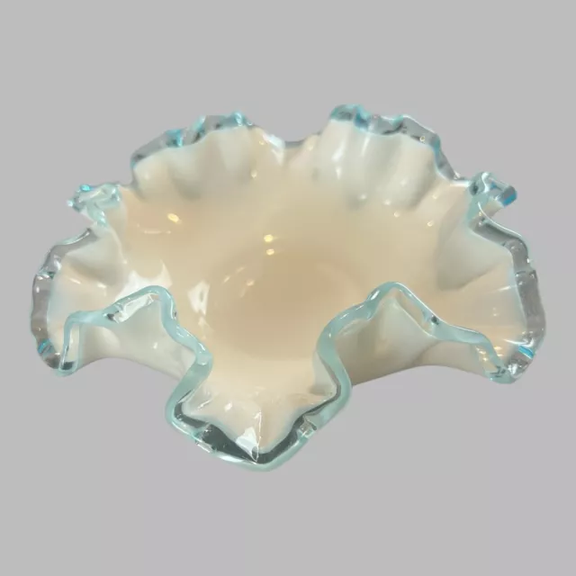 Vintage Fenton Aqua Crest Glass Bowl Crimp Ruffle Edge Milk Glass Bon Bon Dish