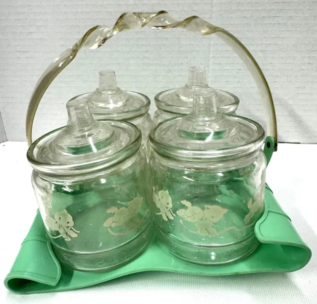 Vintage 50’s Nursery Jars Set of 4 with Carrier Glass Plastic