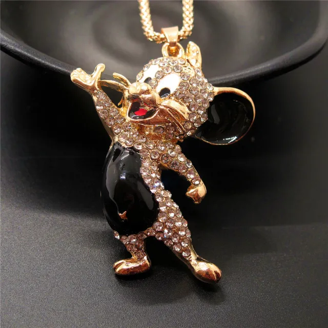 Fashion Women Black Rhinestone Cute Enamel Mouse Crystal Pendant Chain Necklace