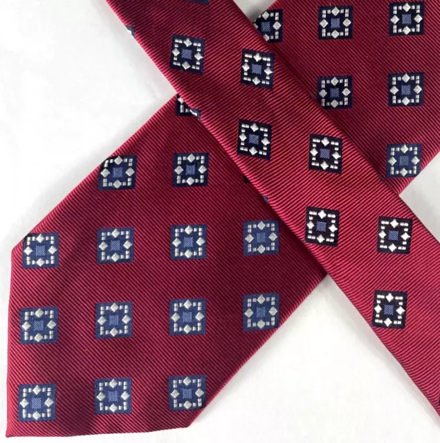 Jos A Bank Mens Tie, Red w/ Blue Geometric Pattern, 100% Repp Silk