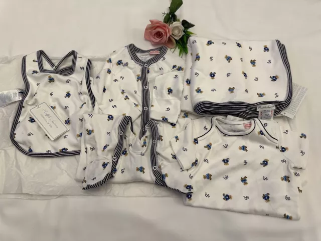 NEW Baby Boys Ralph Lauren 4pcs Blanket Bib Babygrow Vest Set Age 9 Months