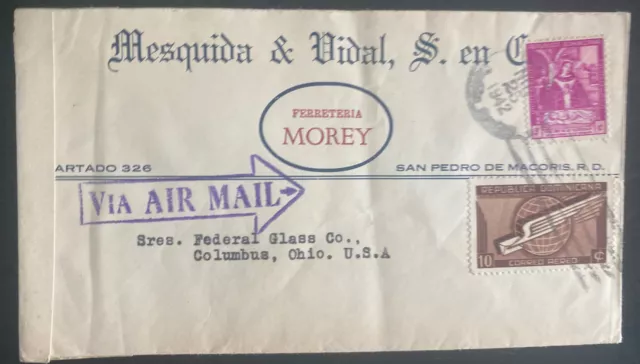 1942 San Pedro Macoris Dominican Republic Censored Airmail Cover To Columbus Usa