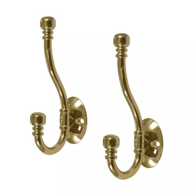 2 x Polished Brass Metal Hat and Coat Hooks, Door Robe Dress Antique Ball End