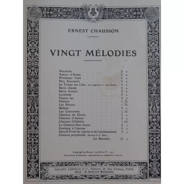 CHAUSSON Ernest Vingt Mélodies Chant Piano 1910