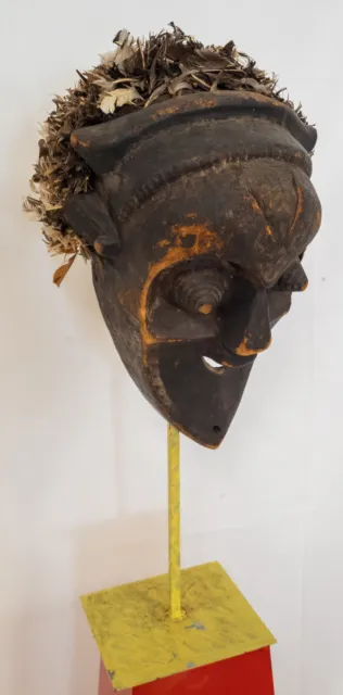 Antique Vintage African Carved Wood Mask with Feathers and Base Kuba People