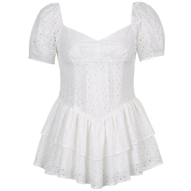 Donna Pizzo Gotico Mini Abito Traforato Corto Puff Maniche a Balze Dolce Rétro