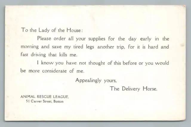 Letter From a Delivery Horse "Save My Legs" Animal Rescue League Boston 1910s