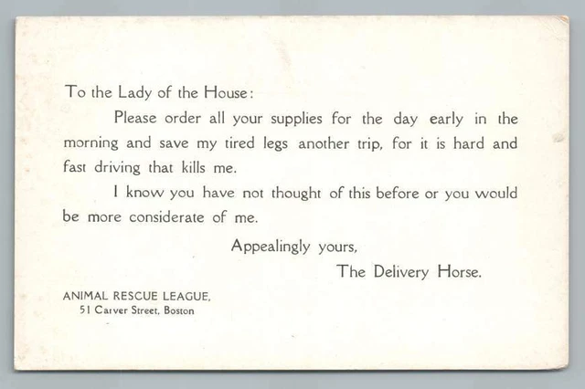 Letter From a Delivery Horse "Save My Legs" Animal Rescue League Boston 1910s