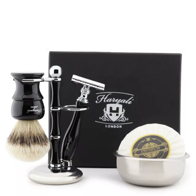 Shaving Set with DE Safety Razor,Silver tip Brush, Stand, Bowl and Soap for Men