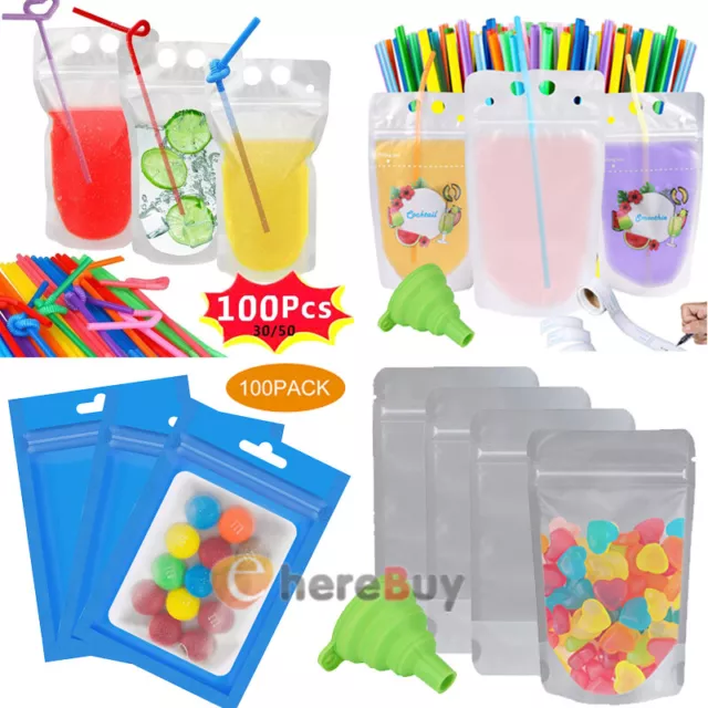 100PCS Reusable Drink Pouches Bags w/Straws Stand-Up Zipper Lock Cold&Hot Drinks