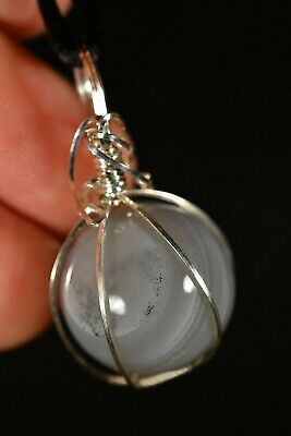 AGATE SPHERE *Silver* Pendant 4cm 14g +Cord Wire Wrapped Sterling Handmade