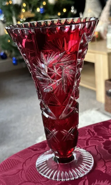 Vintage 8.5” Tall Bohemian Czech Cut To Clear Ruby Red Glass Vase