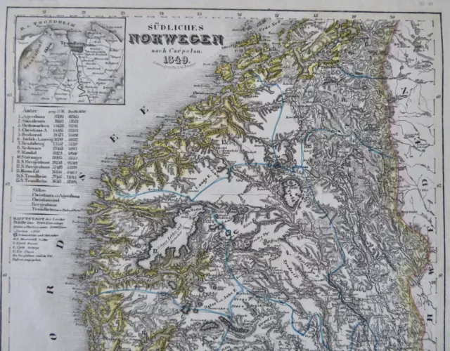 Southern Norway Oslo Christiana Bergen Trondheim 1849 detailed Meyer map 2