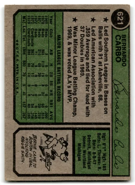 1974 TOPPS BERNIE Carbo. Boston Red Sox #621 EUR 2,98 - PicClick FR