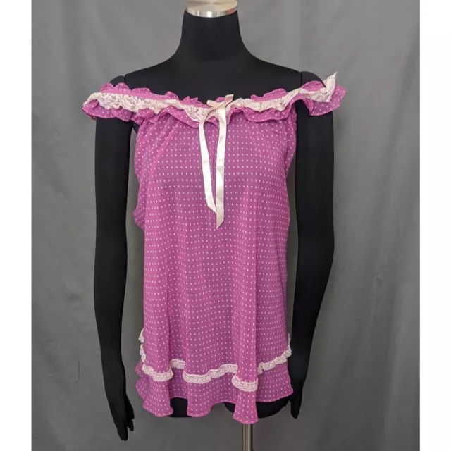 AMBRIELLE Pink Sheer Polka Dot Off Shoulder Top Small ruffle y2k mesh lace