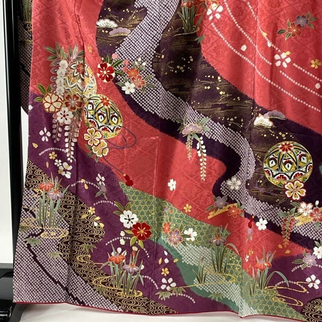 Woman Japanese Kimono Furisode Silk Temari Flower Gold Thread Embroidery Red 7