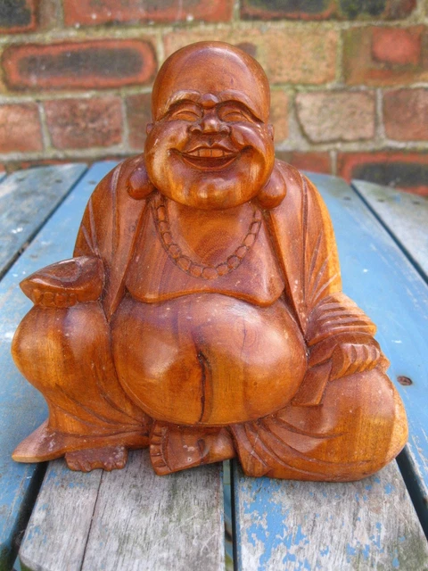 WOODEN HAPPY BUDDHA FIGURE Ornament 15 cm CHINESE LAUGHING Sitting HAND CARVED