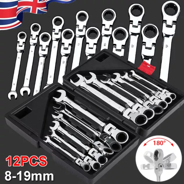 12PCS Metric Flexible Ratchet Spanners 8-19mm Flexi Head Combination Wrench Set