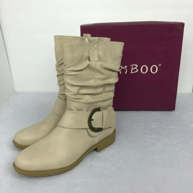 NEW Bamboo Womens Montage Ivory Beige Buckle Trim Mid Calf Riding Boots Bootie 7