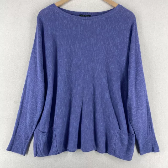 EILEEN FISHER Sweater L Organic Linen Cotton Slub Pockets Long Sleeve Purple