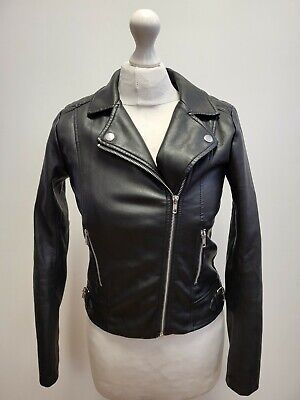 Hh395 Girls H&M Black Zipped Faux Leather Jacket Age 11-12 Yrs