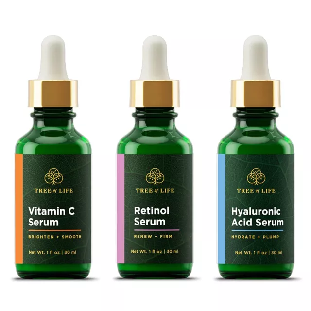 Tree of Life Vitamin C Serum, Retinol Serum and Hyaluronic Acid Serum for Bright