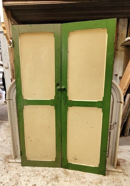 Pair Victorian/Edwardian? painted pine cupboard doors green/cream 22" x 69.5"eac
