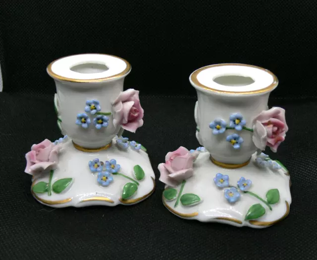 A Pair Of Floral Encrusted Porcelain Candle Holder-Foreign-VGC,6cm High