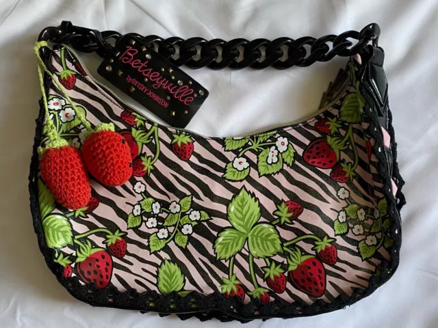 BETSEY Johnson Strawberry Zebra Print Pink And Black Purse Betseyville Crochet