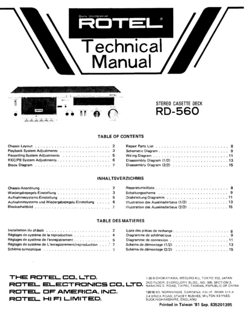 Service Manuel D'Instructions pour Rotel RD-560