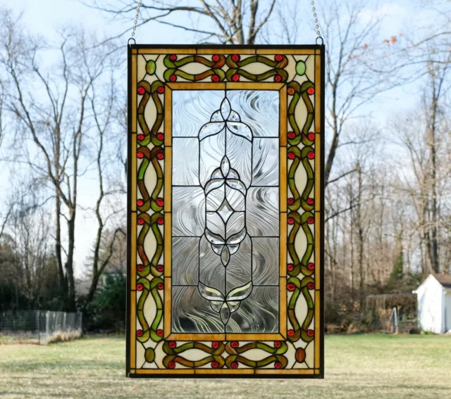20.5"W x 34.5"H Handcrafted Jeweled stained glass window panel.