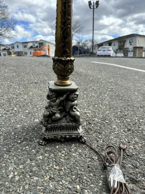 Vtg Victorian Cast Metal Empire Pillar Lamp with Figural Cherub Putti Base- 27” 3