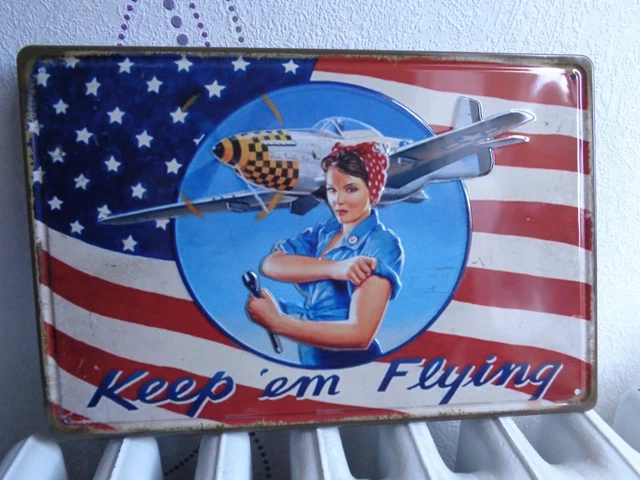 Rosie Riveter Targa In Latta 30x20 Cm - Keep Em Flying - Poster Metallico Vintage Patriottismo USA - Decorazione Da Parete