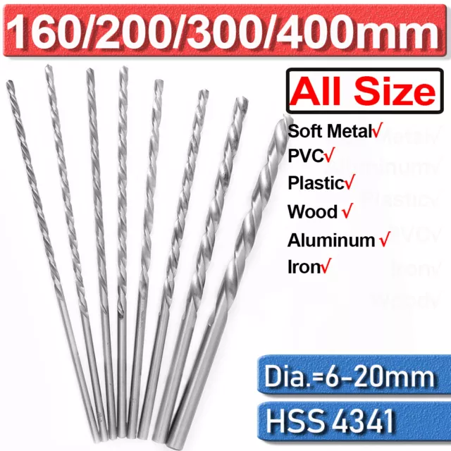 Metal Drilling 160-400mm Extra Long High Speed Steel HSS Twist Drill Bits Bit UK