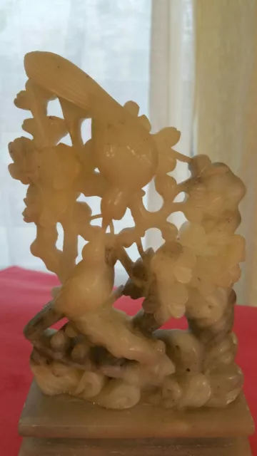 Antique Chinese Jade / Soapstone hand carved Bird Flowers with base 7.4 x 4.25"