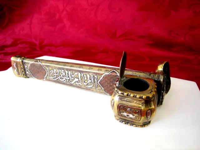 Antique Ottoman Persian Heavy Sterling Brass Multicolor Inkwell Qalamdan Divit