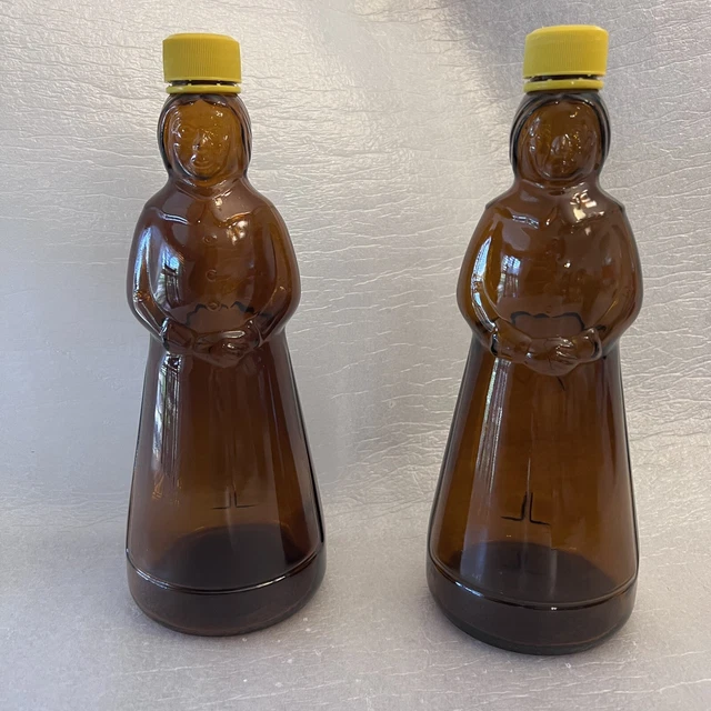 VINTAGE MRS BUTTERWORTH'S AMBER BROWN GLASS SYRUP BOTTLES NO LABEL LOT Of 2