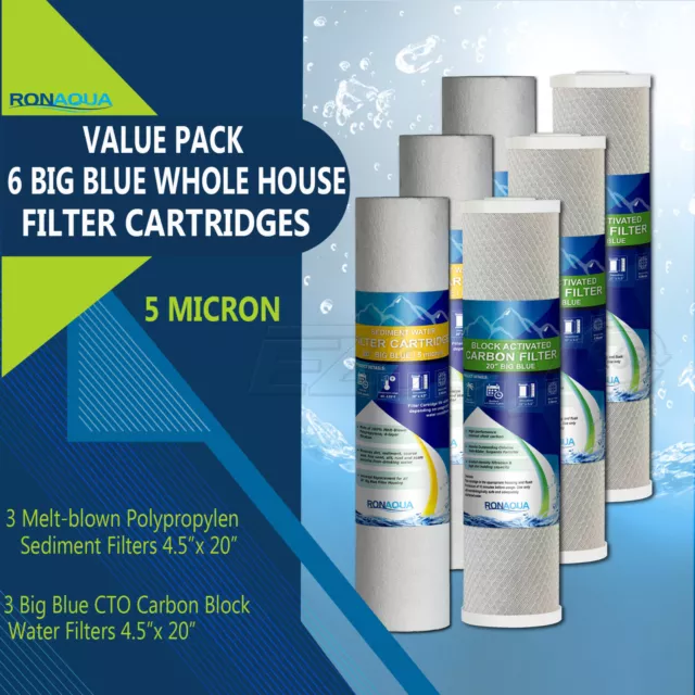 Big Blue 3 CTO Carbon Block & 3 Sediment Water Filters 4.5" x 20" Cartridges Set