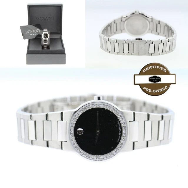 Movado Museum Women's Black Dial .80ct Diamond Stainless Wrist Watch 84.A1.2833