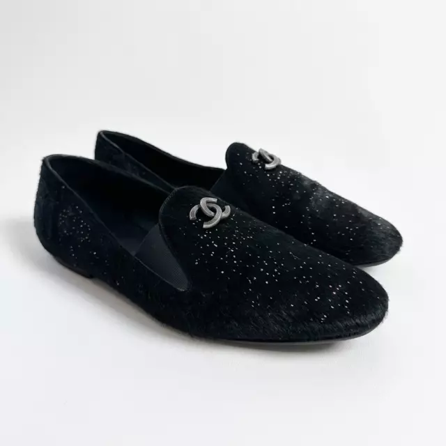 CHANEL BLACK CAP Toe Ballet Flats 39.5 US 9 CC Logo Leather Bow
