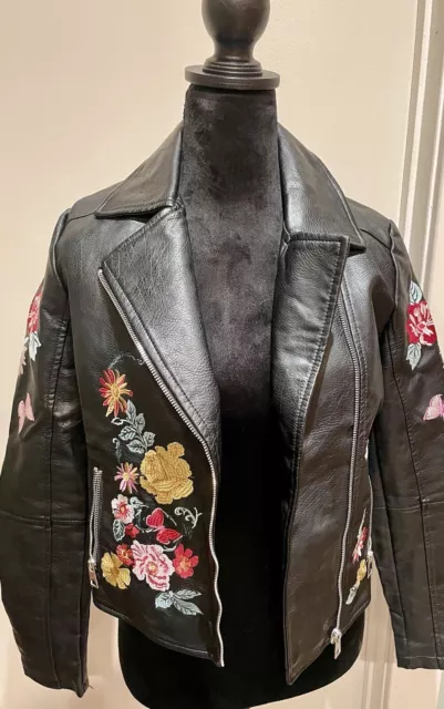 Romeo & Juliet Women's Moto Style Leather Jacket Size S Embroidered Floral