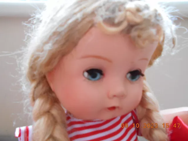 Vintage 1950s BND England 12 in Hard Plastic Toddler Doll, Cotton Dress Fab