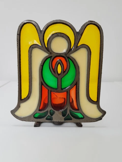 Vintage geflügelter Engel Buntglas Teelicht Halter Gusseisen 5 Zoll x 5